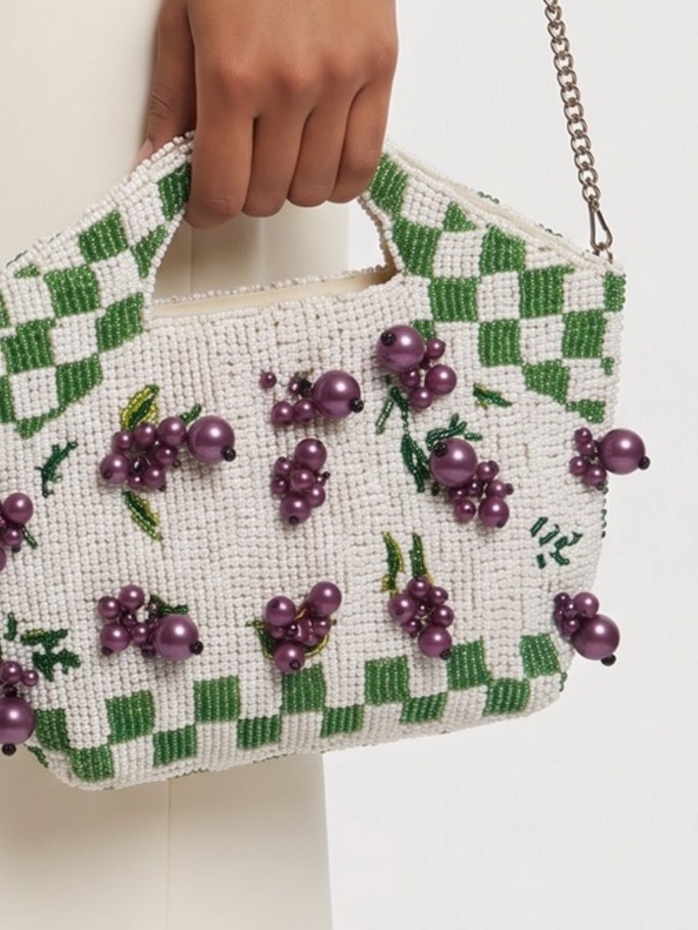 NWT Beaded Green & White Gingham Mini Tote with Purple Grapes Bead Embellishment